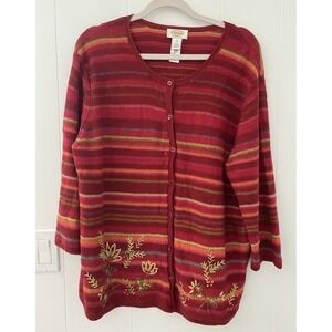 VTG Talbots Crewneck Red Multi Stripe Cardigan Floral Embroidery Size 1X Granny